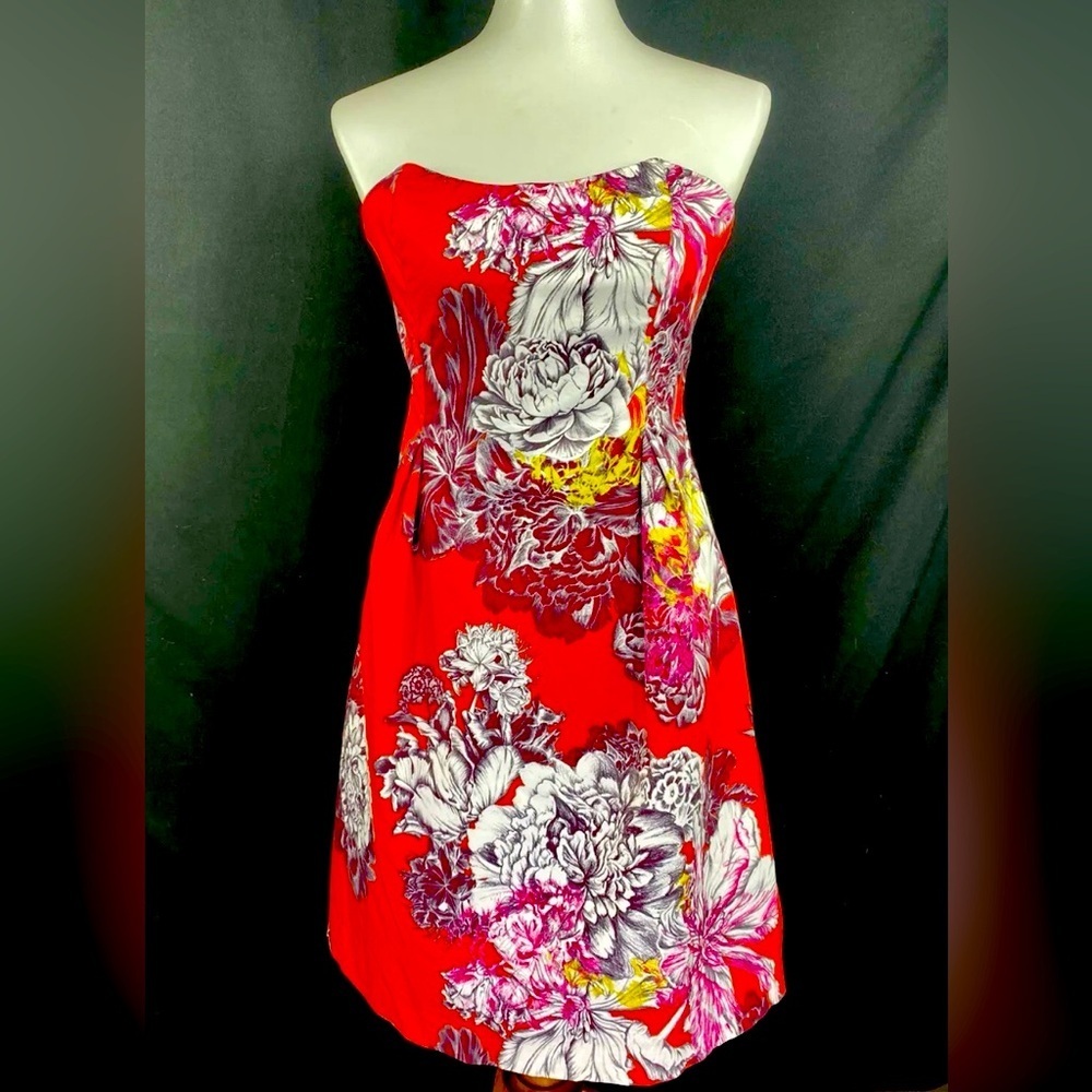 Anthropologie Women’s Dress Strapless Size Small Floral Red Cream Burgundy